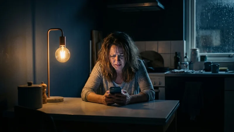 A homeowner looking out at a storm while holding an insurance letter, symbolizing climate risk.