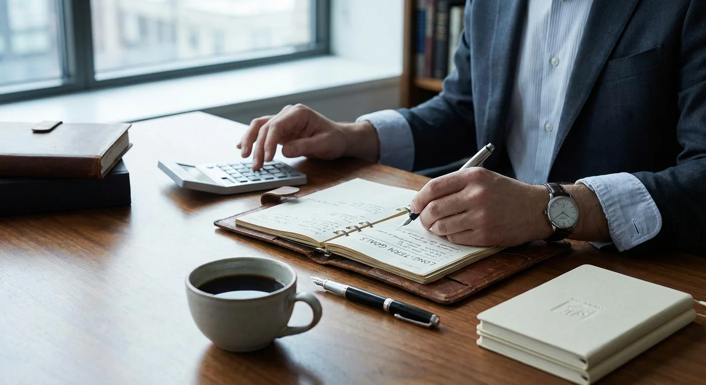 Close-up of a calculator, planner, and coffee on a desk.