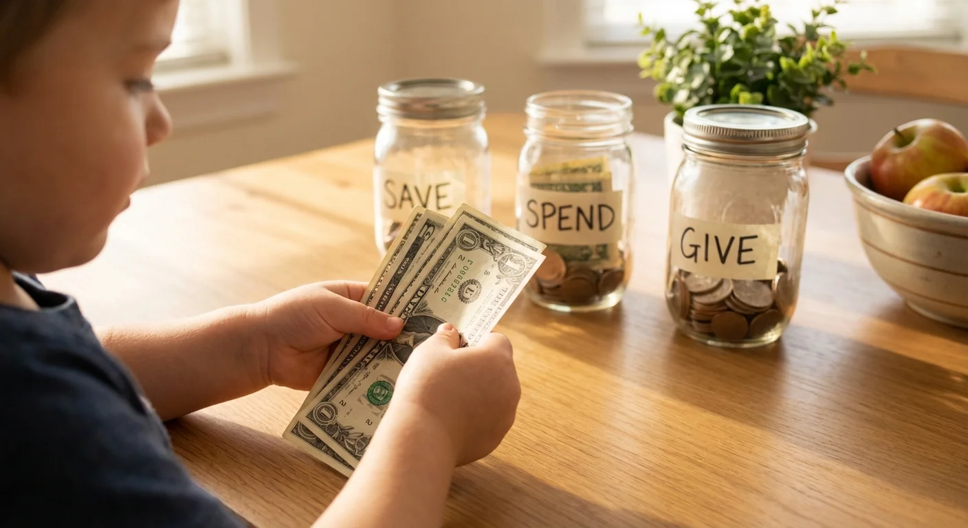 Close-up of a child's hands organizing cash into three labeled glass jars on a sunlit table.