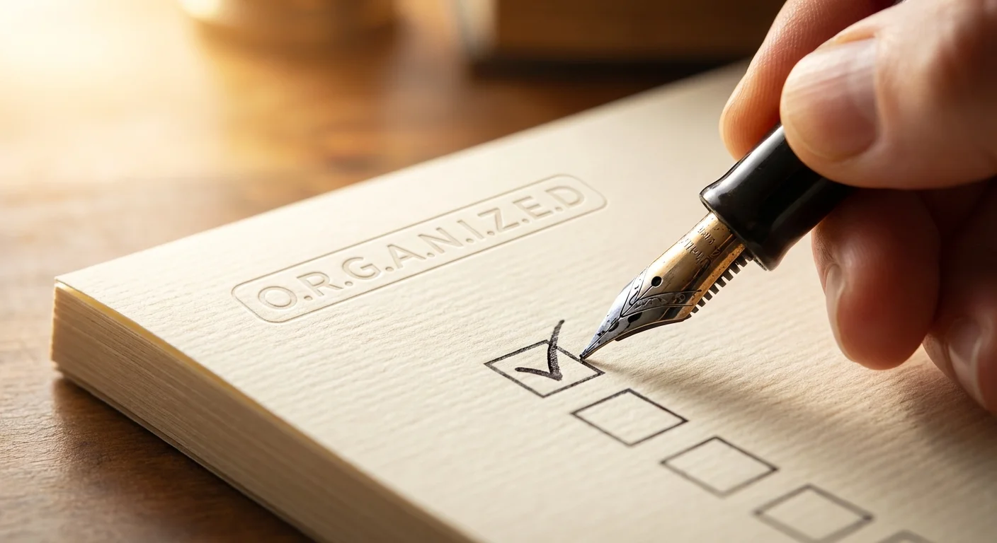 Close-up of a hand checking off a list on a paper notepad with a pen.
