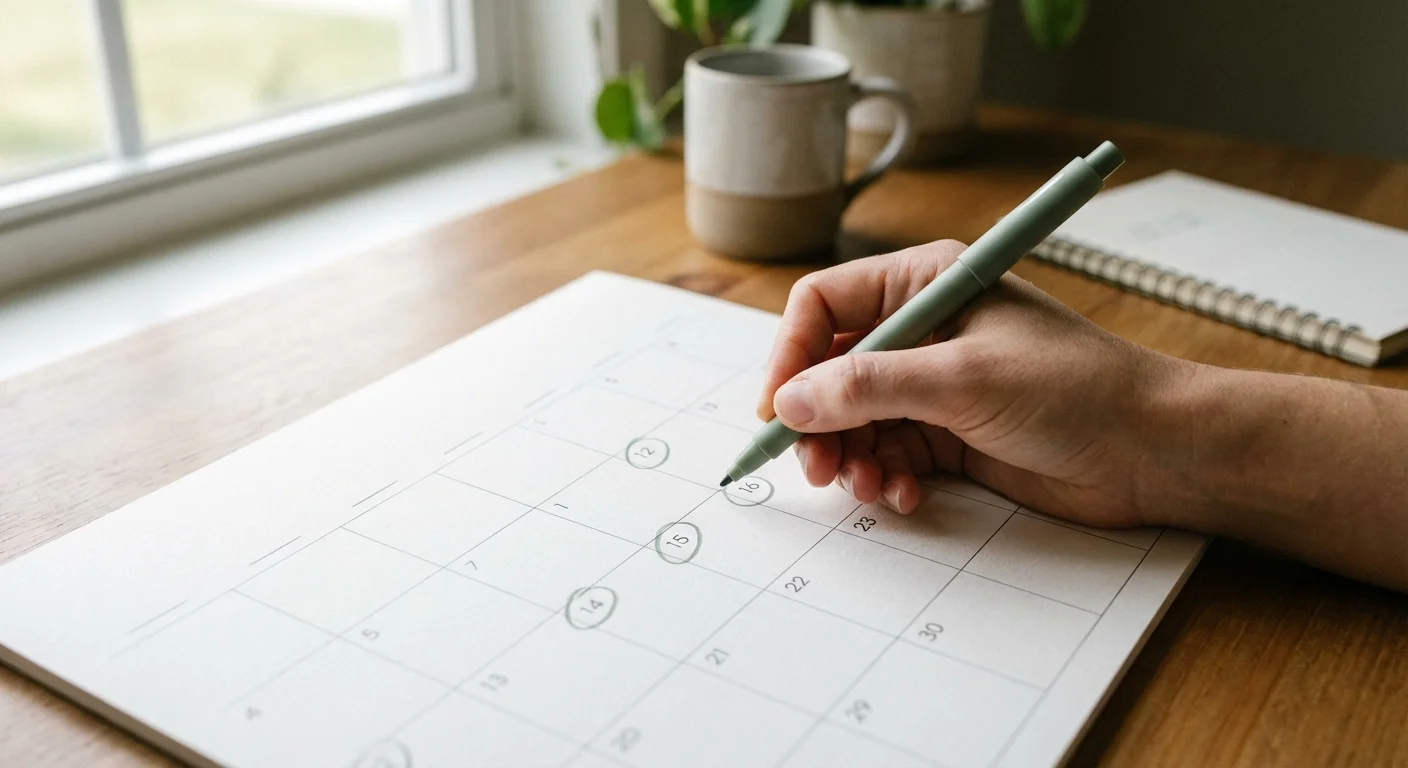 Close-up of a hand marking dates on a desk calendar.