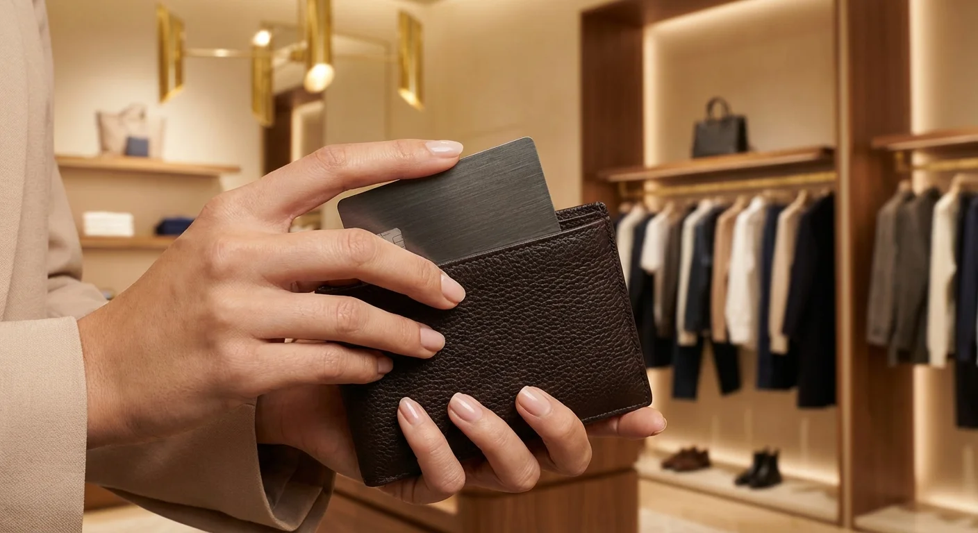 Close-up of a hand selecting a premium credit card from a wallet.
