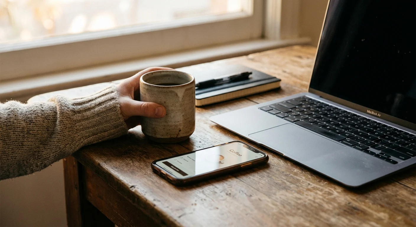Close-up of a hand with a coffee mug next to a laptop and phone on a wooden desk.