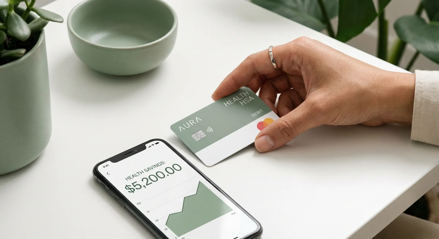 Close-up of a health savings account card and a smartphone on a clean white desk.