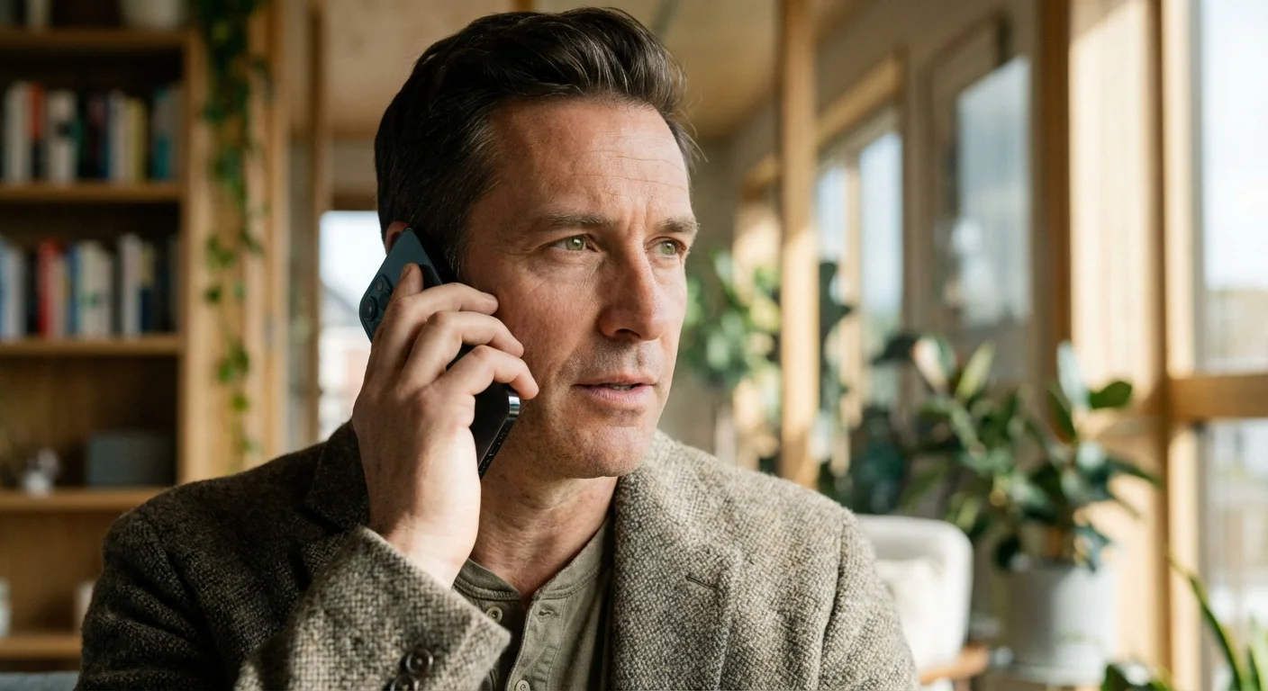 Close-up of a man speaking calmly on a smartphone, representing the execution of the negotiation script.