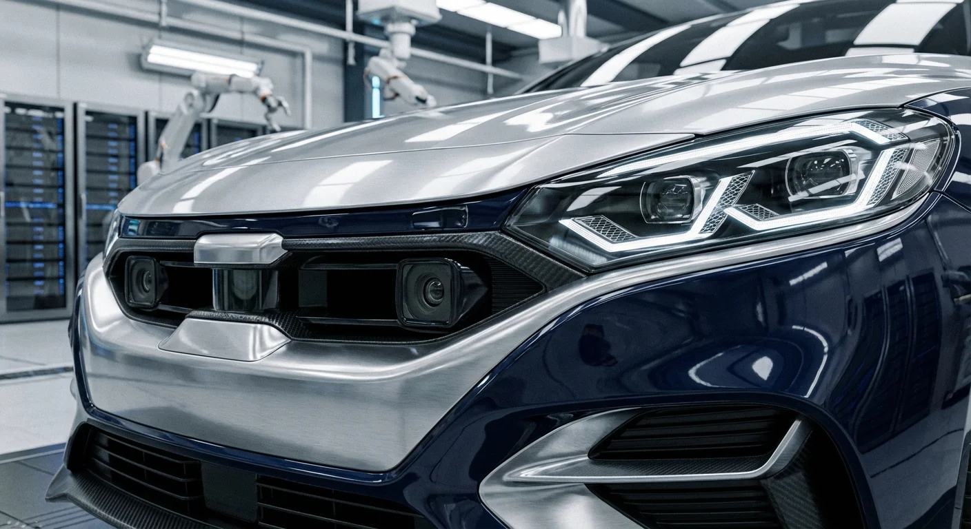 Close-up of a modern car's sophisticated sensor and headlight assembly, highlighting complex technology.