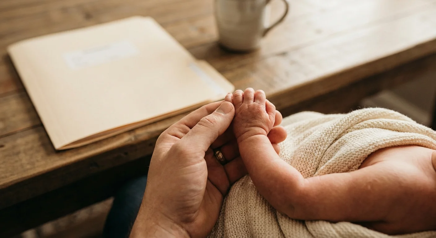 Close-up of a parent holding a newborn's hand next to medical paperwork.