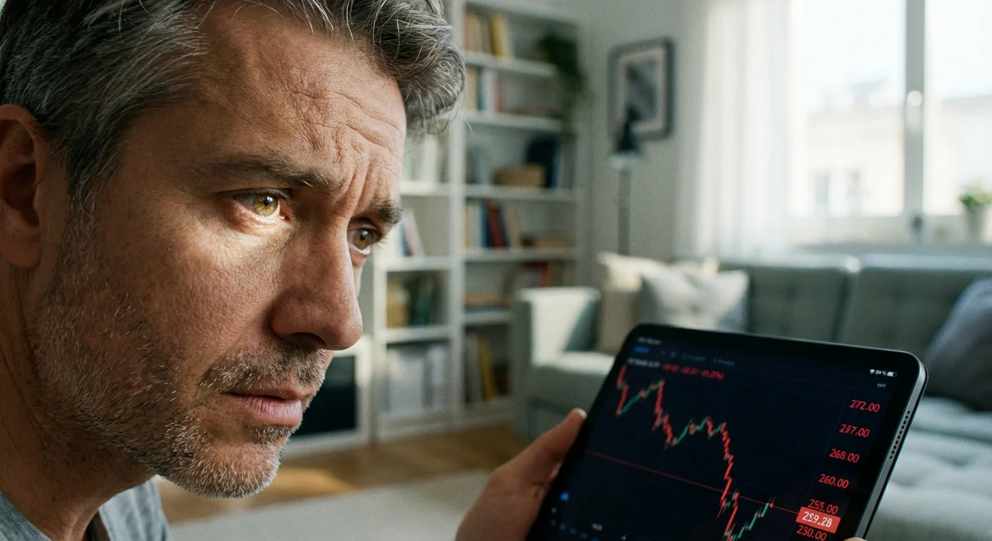 Close-up of a person looking concerned at a tablet showing a declining financial graph.