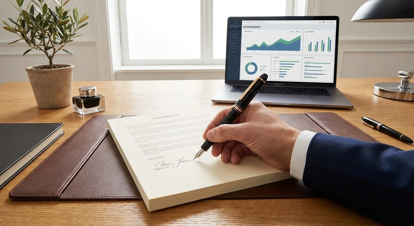 Close-up of a person signing a contract on a clean wooden desk.