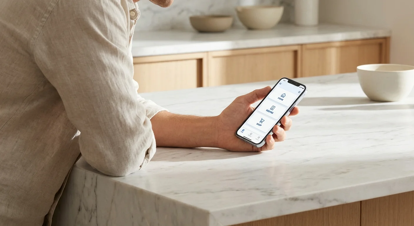 Close-up of a person using a simple mobile app on their phone in a bright kitchen.
