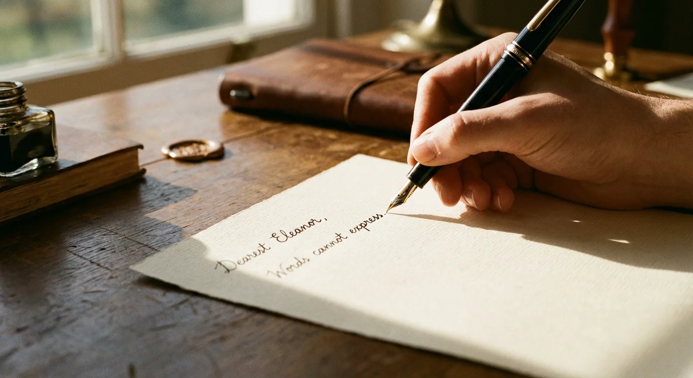 Close-up of a person writing a handwritten letter on stationery.
