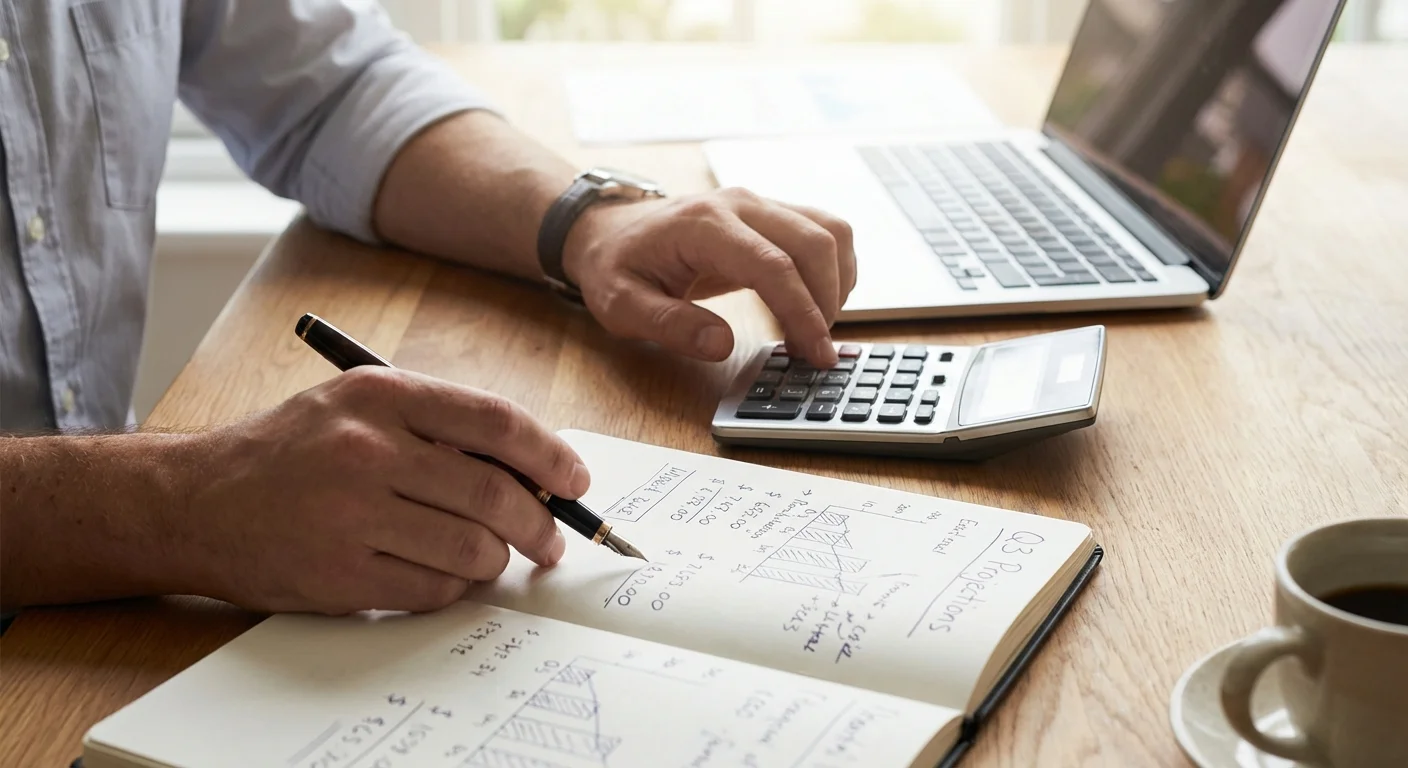 Close-up of a professional calculating finances on a clean, modern desk with a laptop and fountain pen.