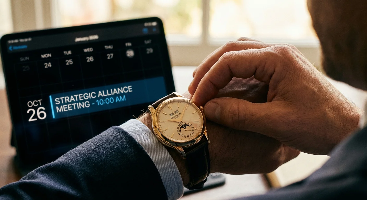 Close-up of a professional's hand with a watch, symbolizing strategic timing.