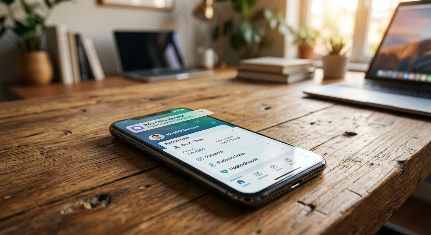 Close-up of a smartphone showing a modern health insurance app interface on a wooden desk.