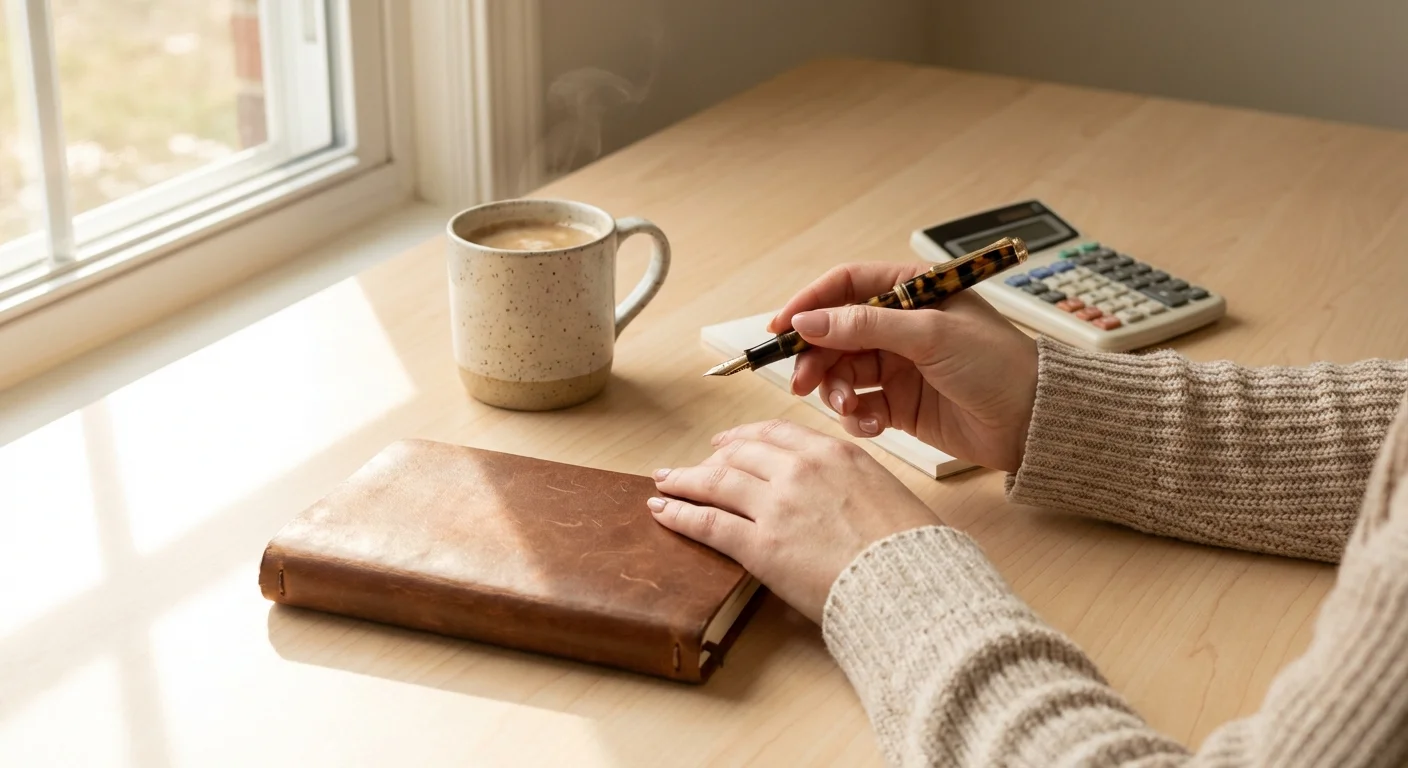 Close-up of a tidy workspace with a notebook, pen, and coffee mug.