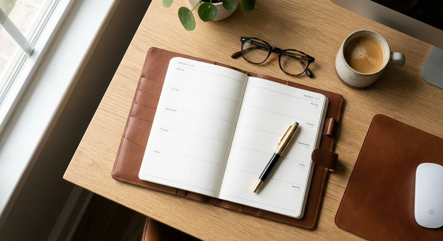 Close-up of an organized desk with a planner and glasses in soft light.