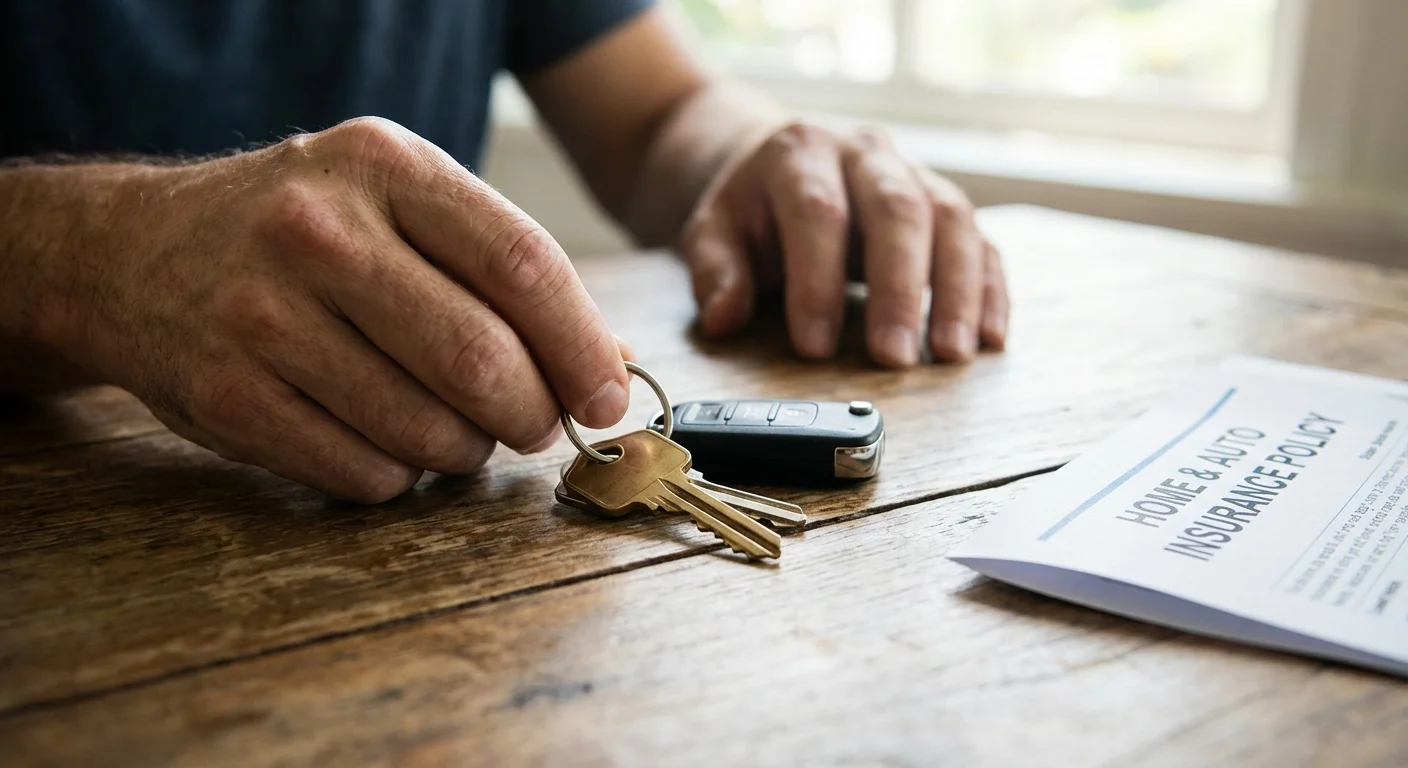 Close-up of car and house keys resting on a wooden table with insurance papers.