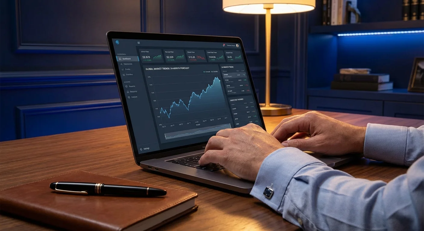 Close-up of hands and a laptop showing a 24-month financial trend line.