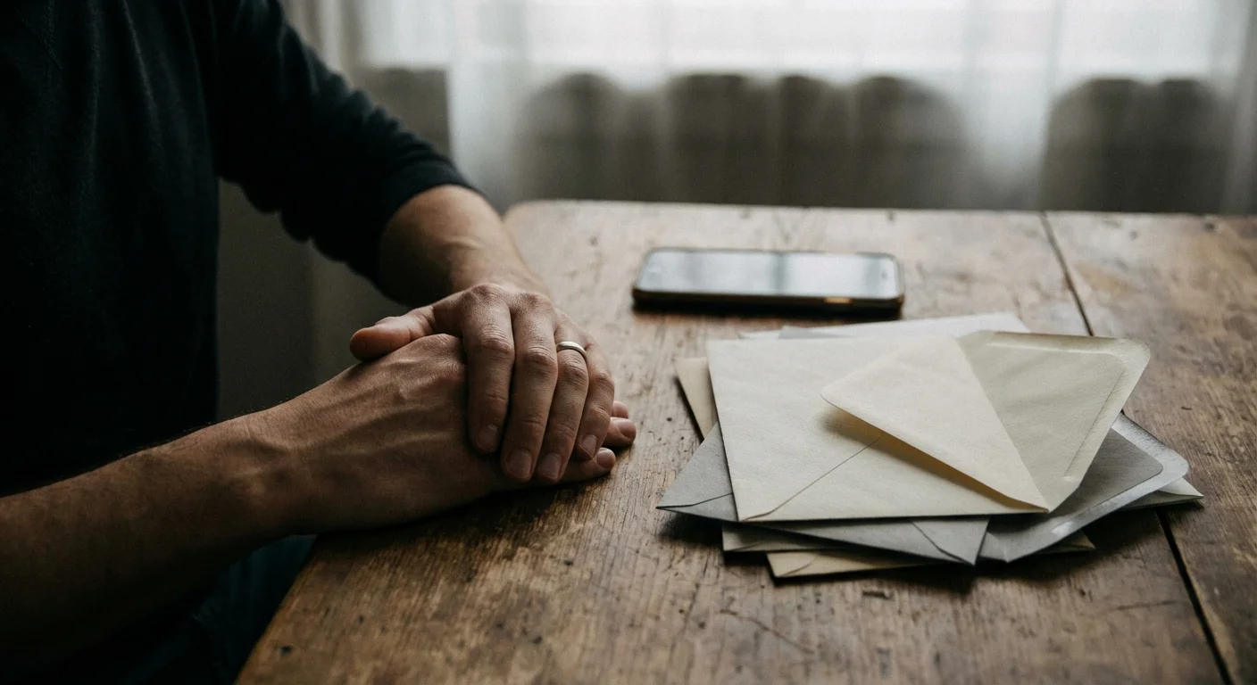 Close-up of hands and mail on a table, suggesting financial management.