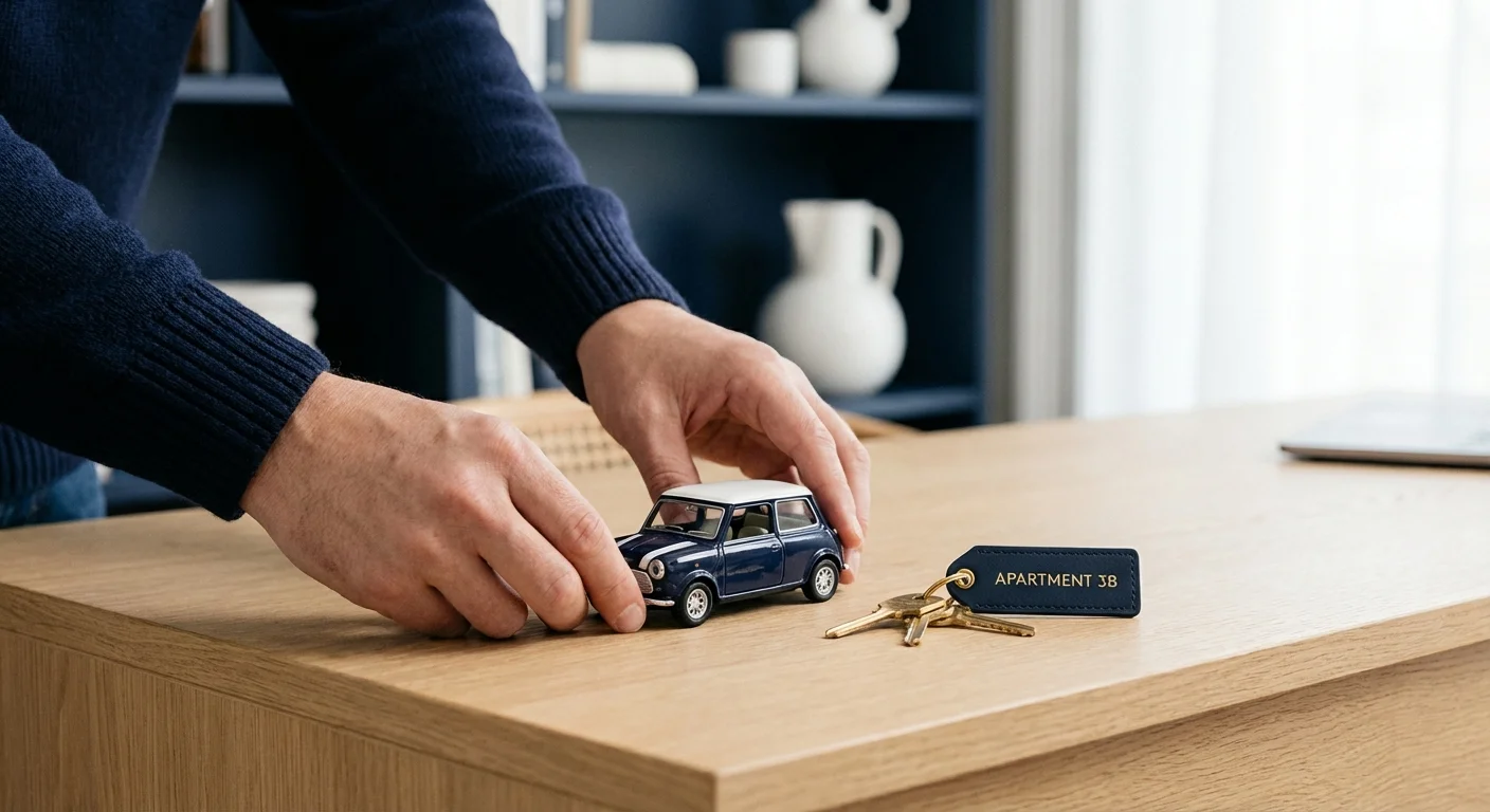 Close-up of hands arranging a model car and apartment keys on a wooden desk.