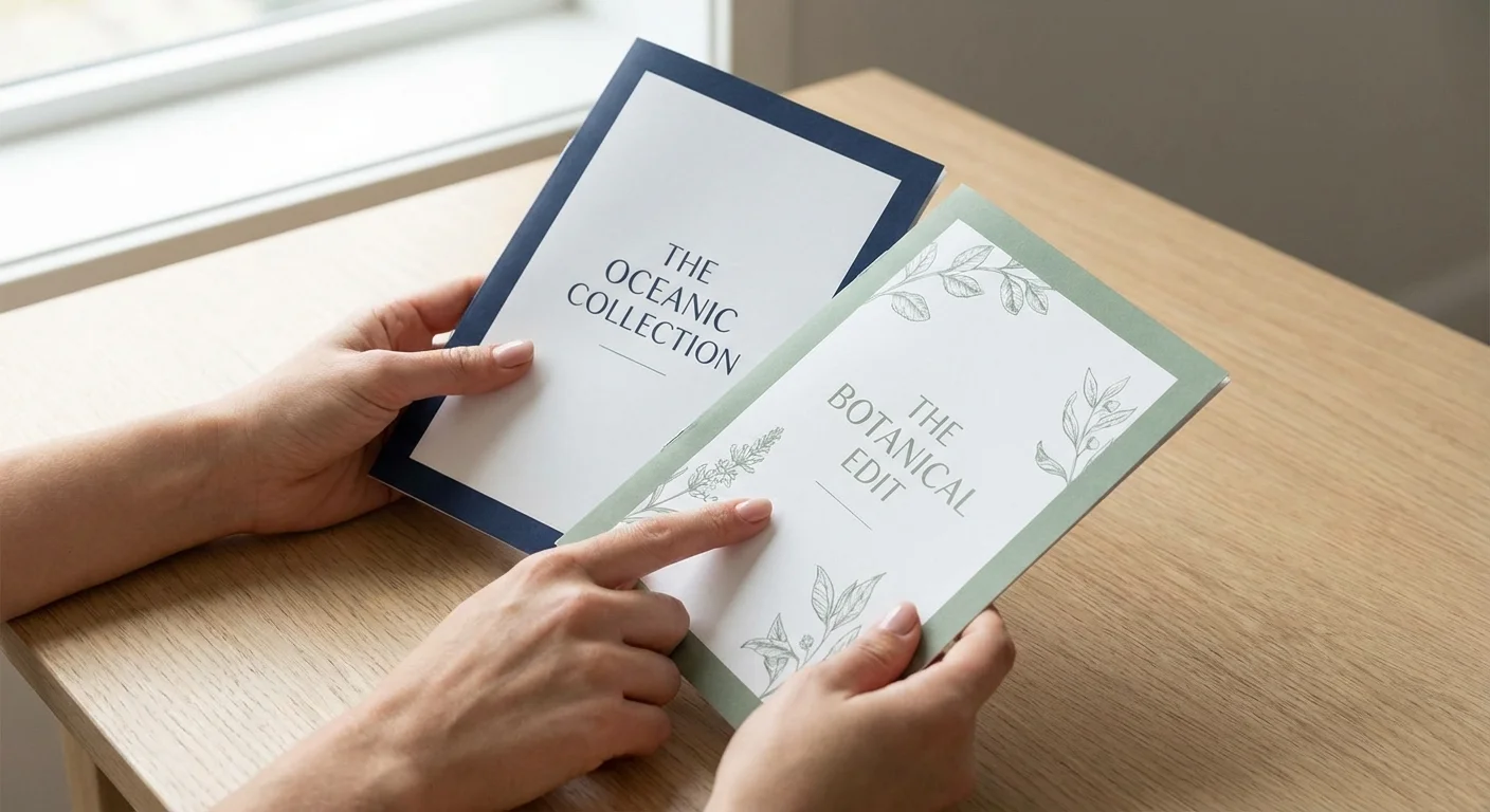Close-up of hands comparing two different health insurance options on a desk.