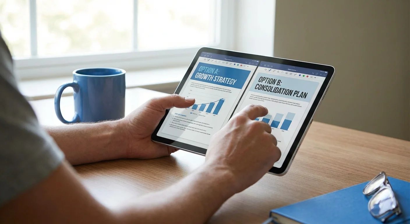 Close-up of hands comparing two digital contracts on a tablet at a modern wooden desk.