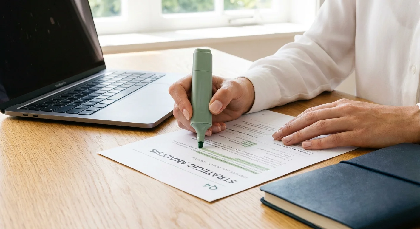 Close-up of hands highlighting data on a document at a clean, professional desk.