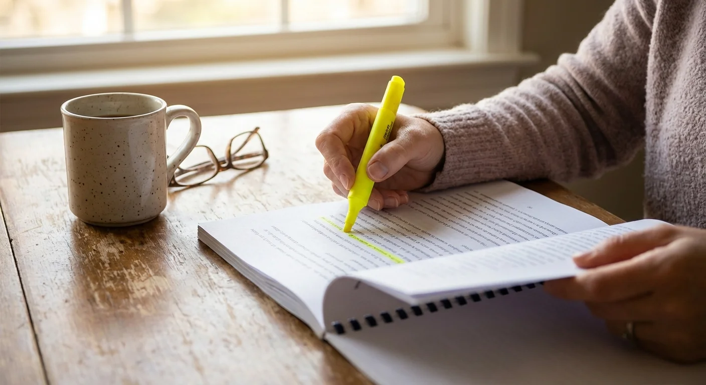 Close-up of hands highlighting details on an insurance document at a kitchen table.