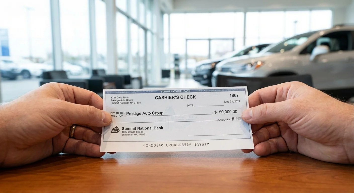 Close-up of hands holding a check in a bright dealership, symbolizing a down payment.