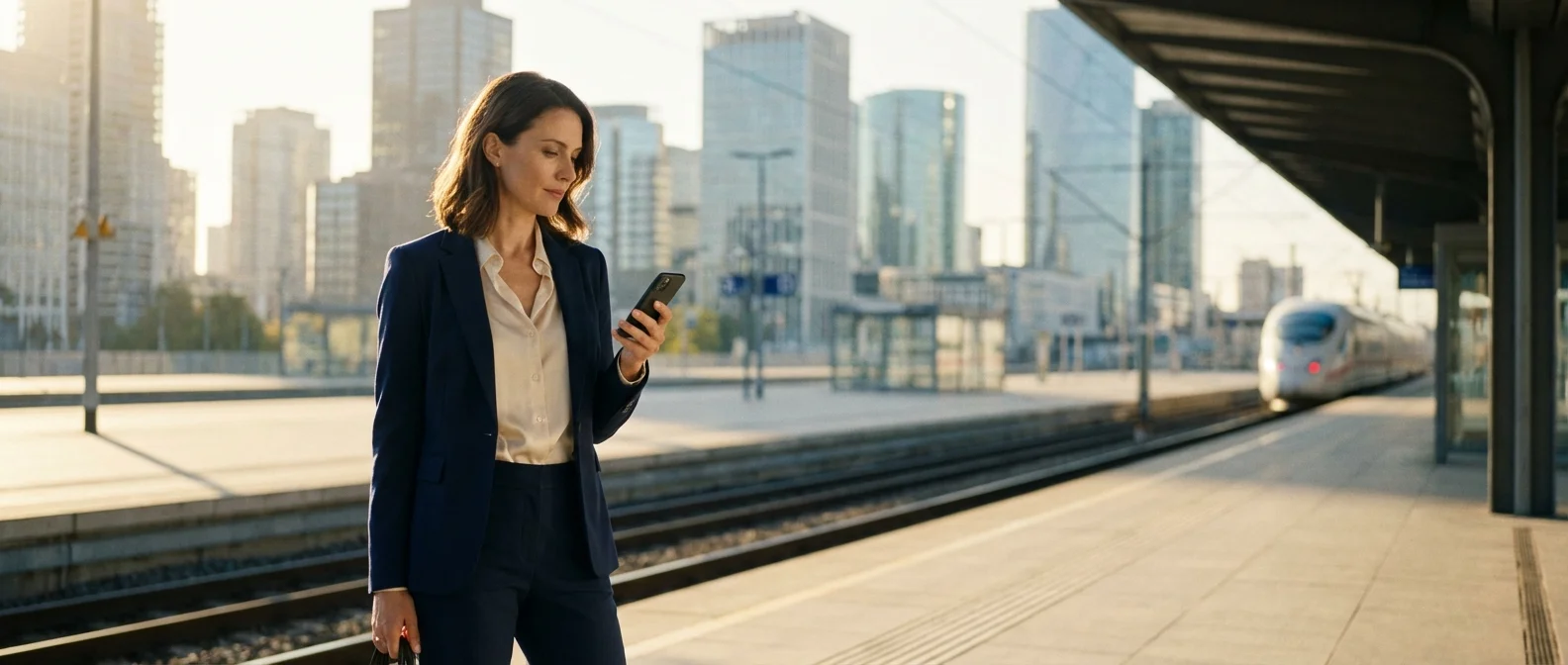 Close-up of hands holding a phone showing a stock grant notification in a bright office.
