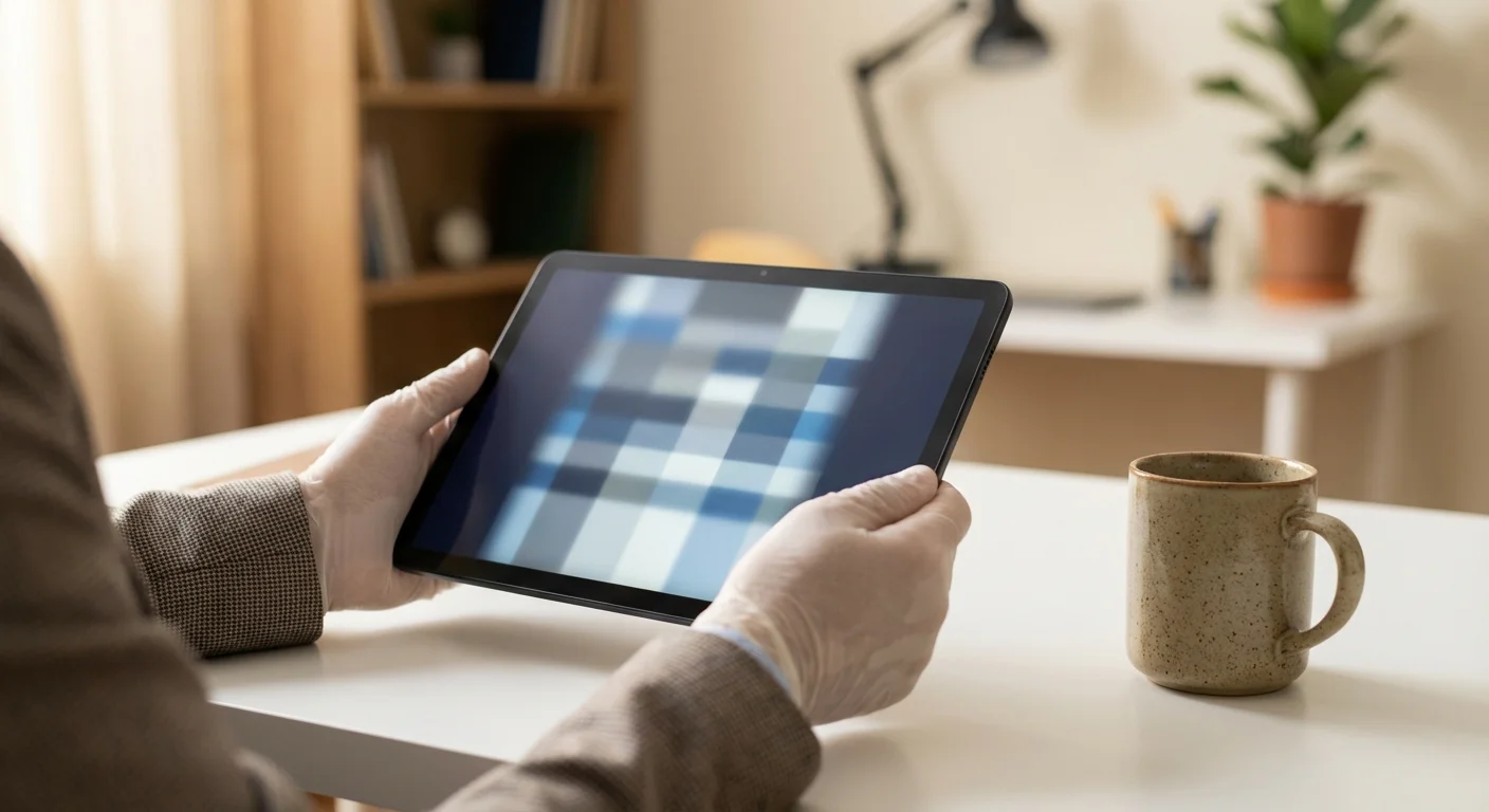 Close-up of hands holding a tablet in a professional home office setting.