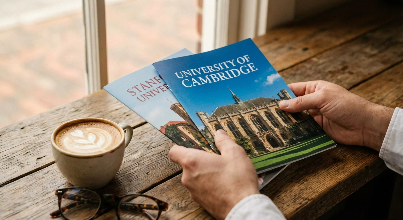 Close-up of hands holding two brochures on a wooden table, symbolizing a financial choice.