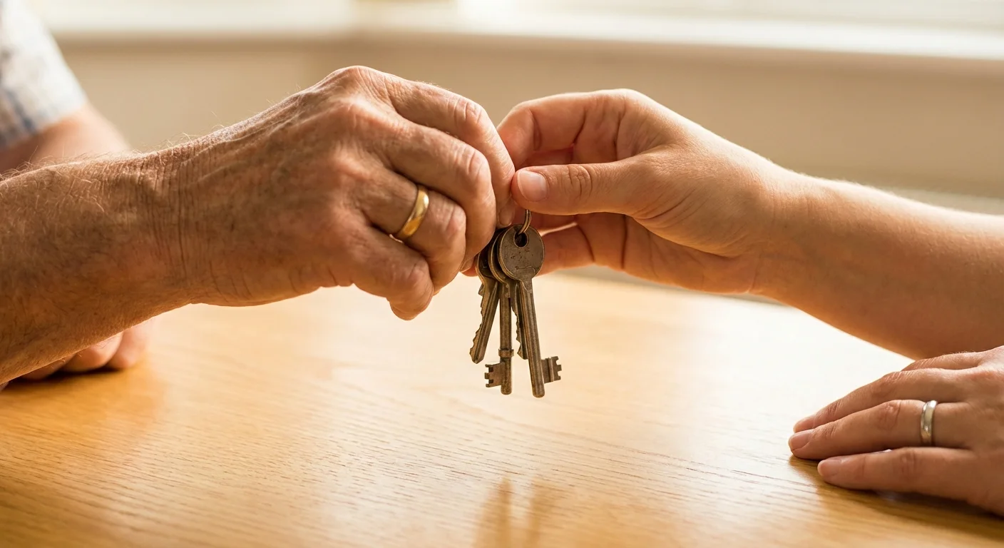 Close-up of hands of different ages holding house keys together.