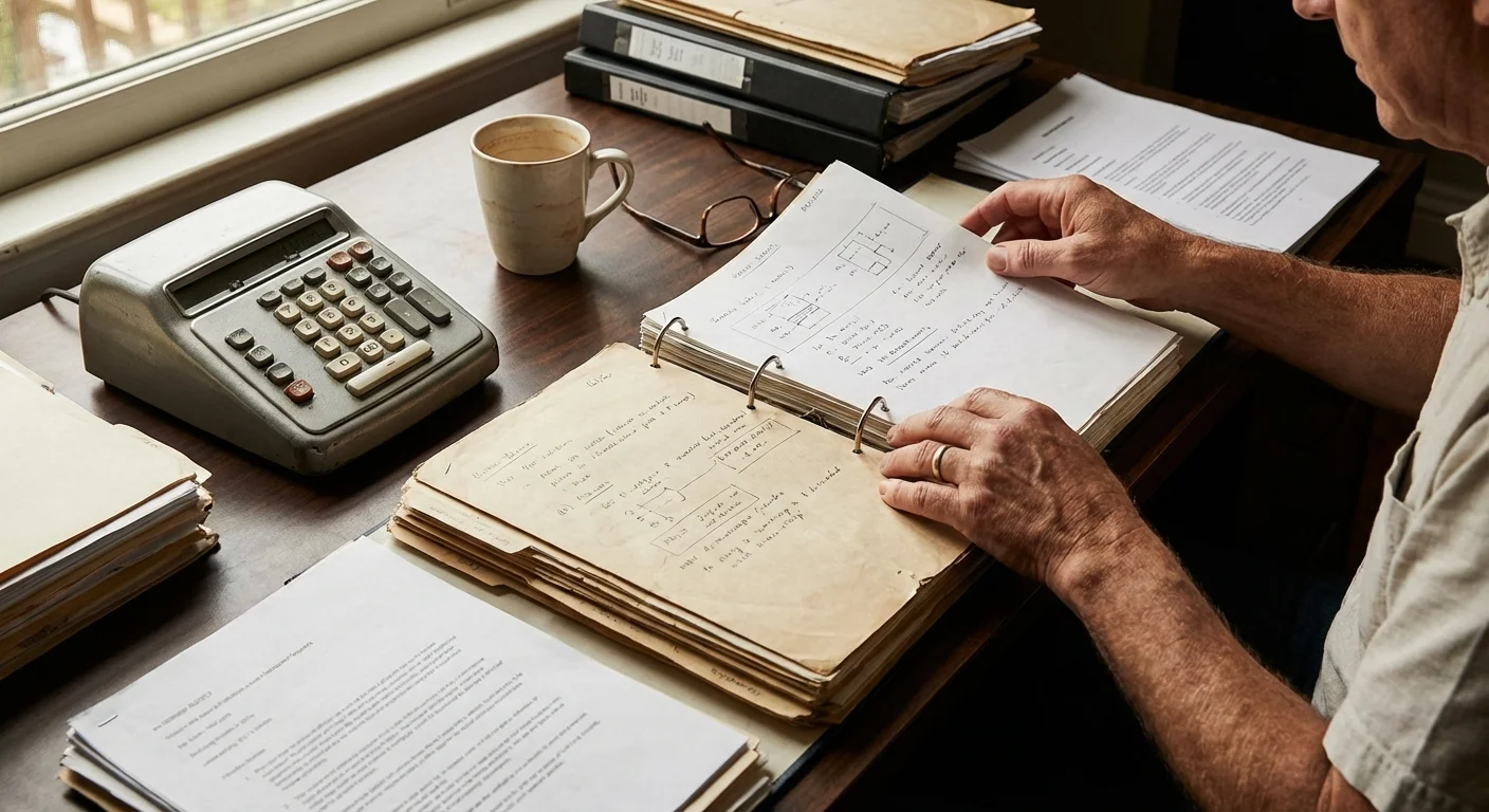 Close-up of hands organizing a thick stack of financial documents on a wooden desk.