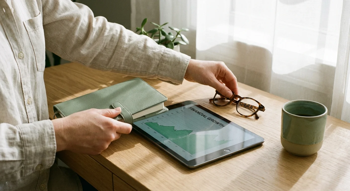 Close-up of hands organizing financial documents and a digital tablet on a clean wooden desk.