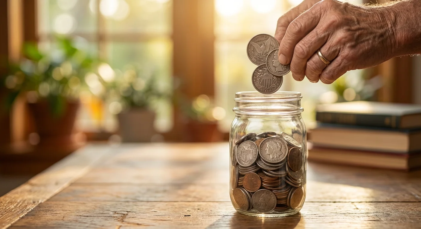 Close-up of hands placing coins into a glass jar, symbolizing triple tax benefits.