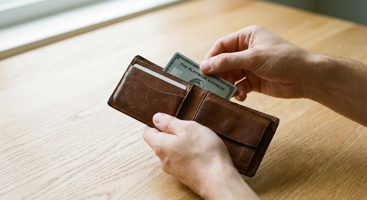 Close-up of hands putting a credit card into a wallet, representing taking action on a financial plan.