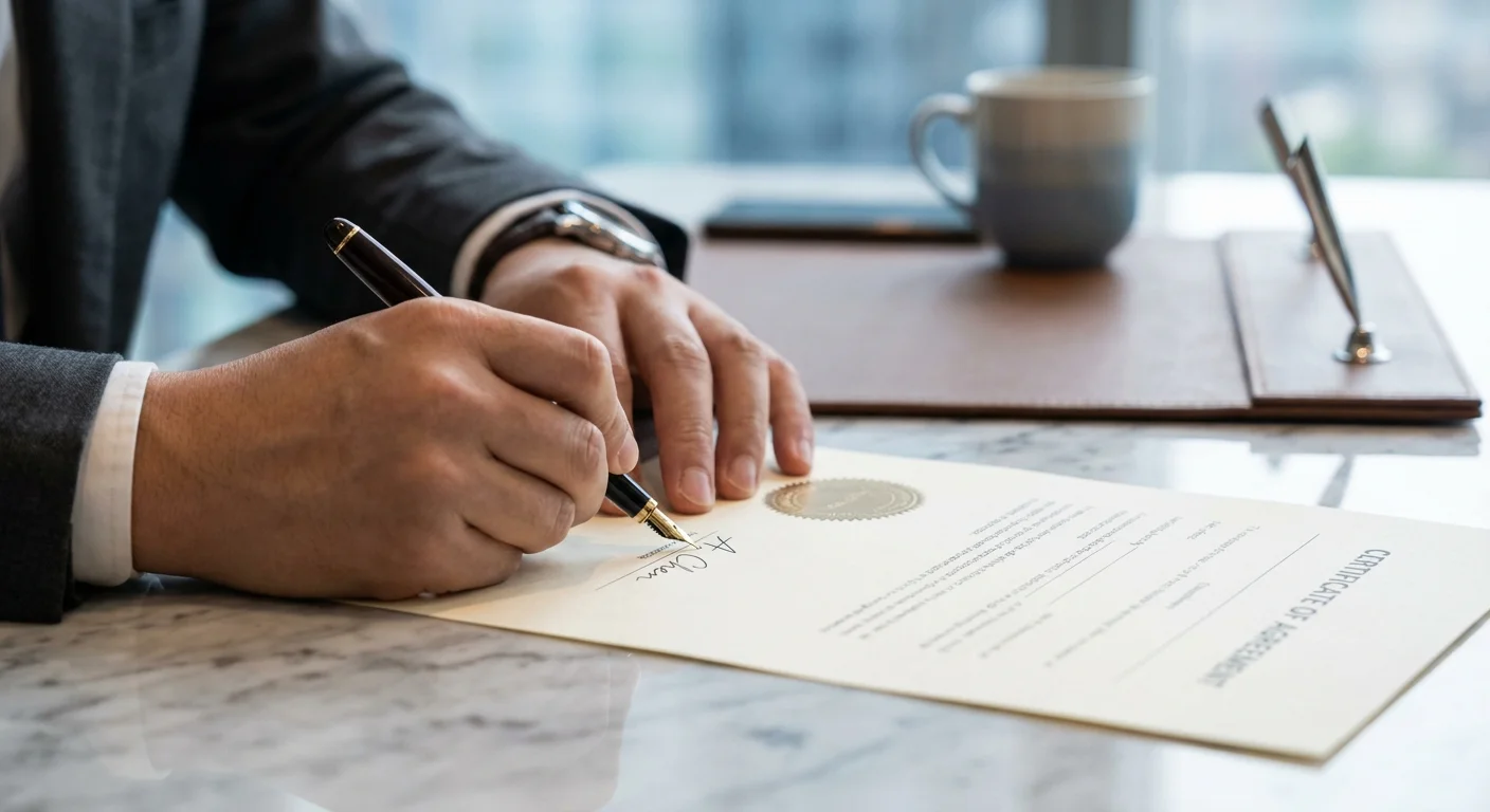 Close-up of hands signing an insurance document on a marble desk.