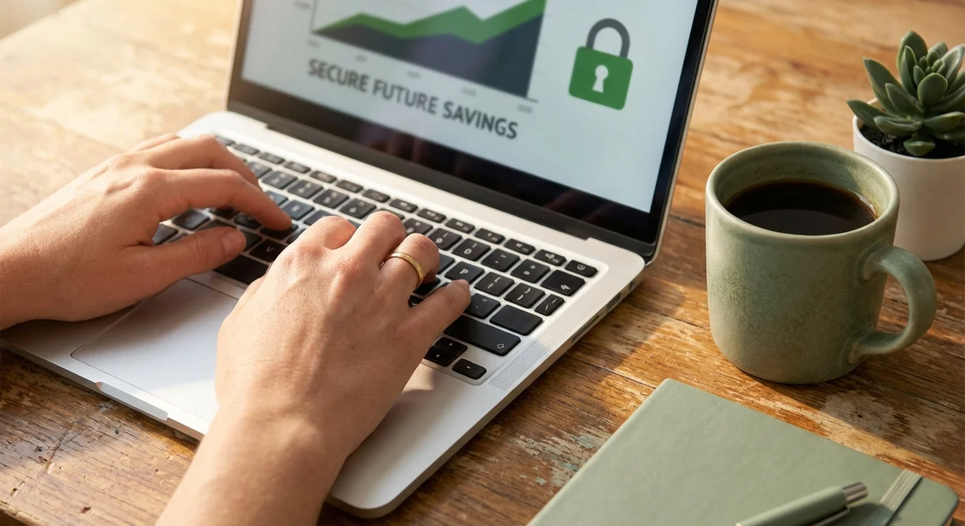 Close-up of hands typing on a laptop in a sunlit workspace with a coffee mug.