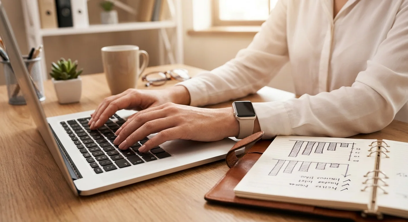 Close-up of hands typing on a laptop next to an organized notebook with charts.