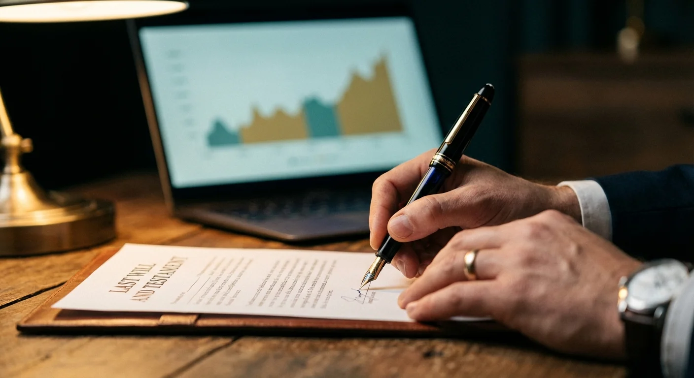 Close-up of hands using a calculator and pen on a clean white surface with a financial graph.