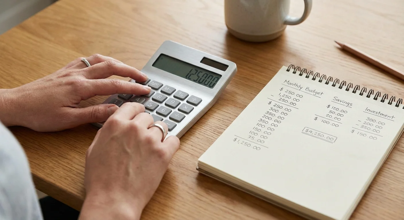 Close-up of hands using a calculator next to a notepad on a wooden desk, symbolizing financial calculations.