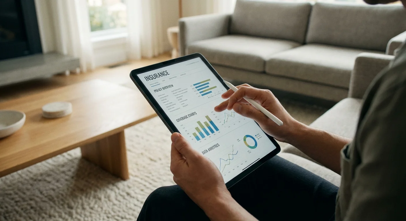 Close-up of hands using a tablet to review financial documents in a well-lit home.