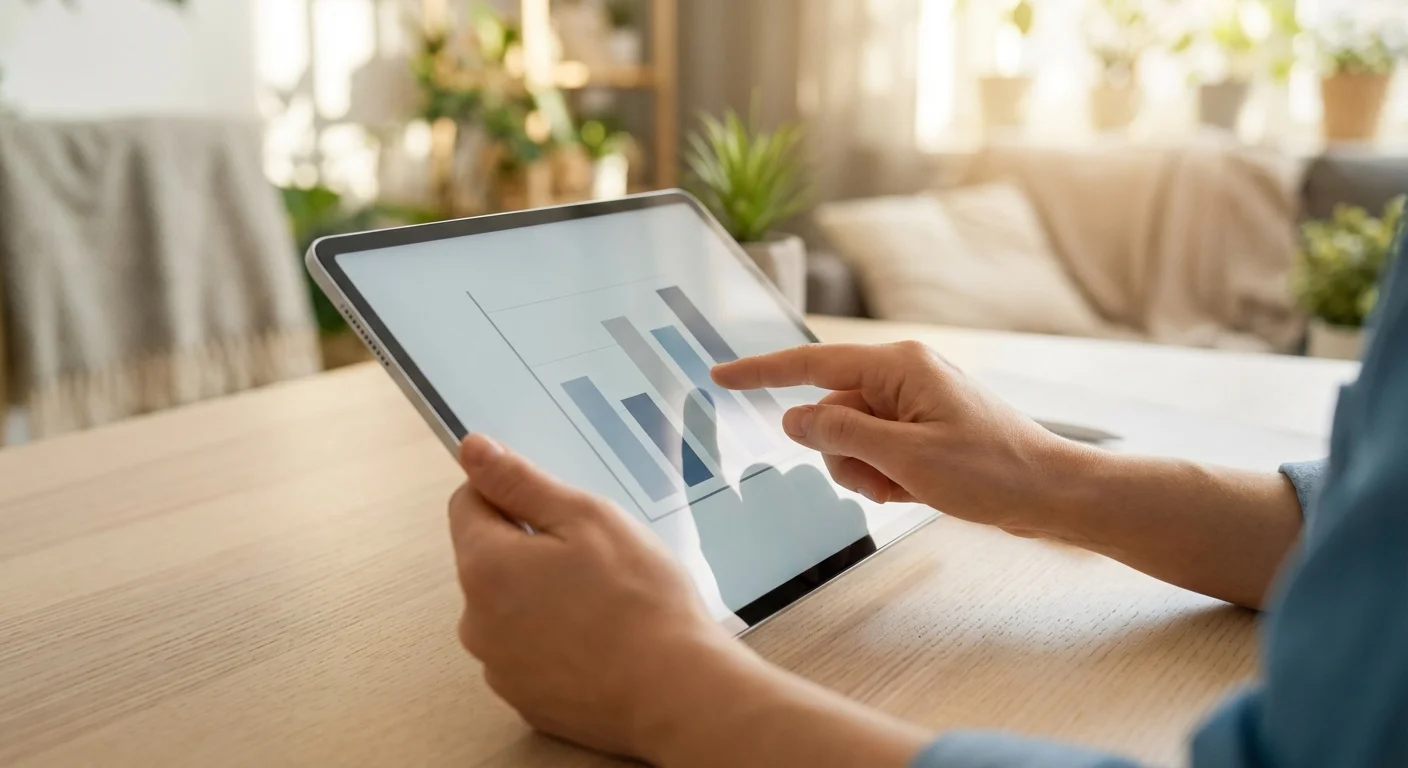 Close-up of hands using a tablet to view financial charts in a bright office.