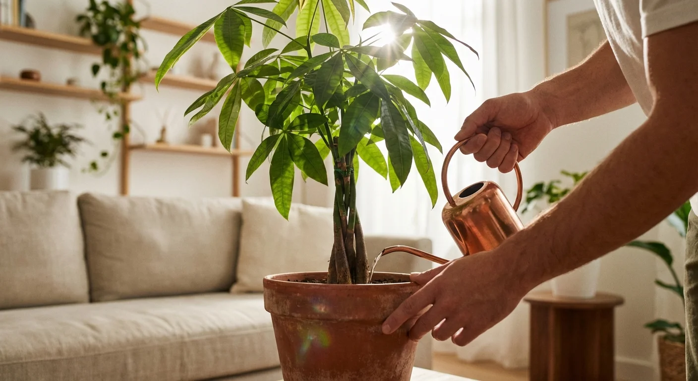 Close-up of hands watering a growing indoor plant, symbolizing financial growth.