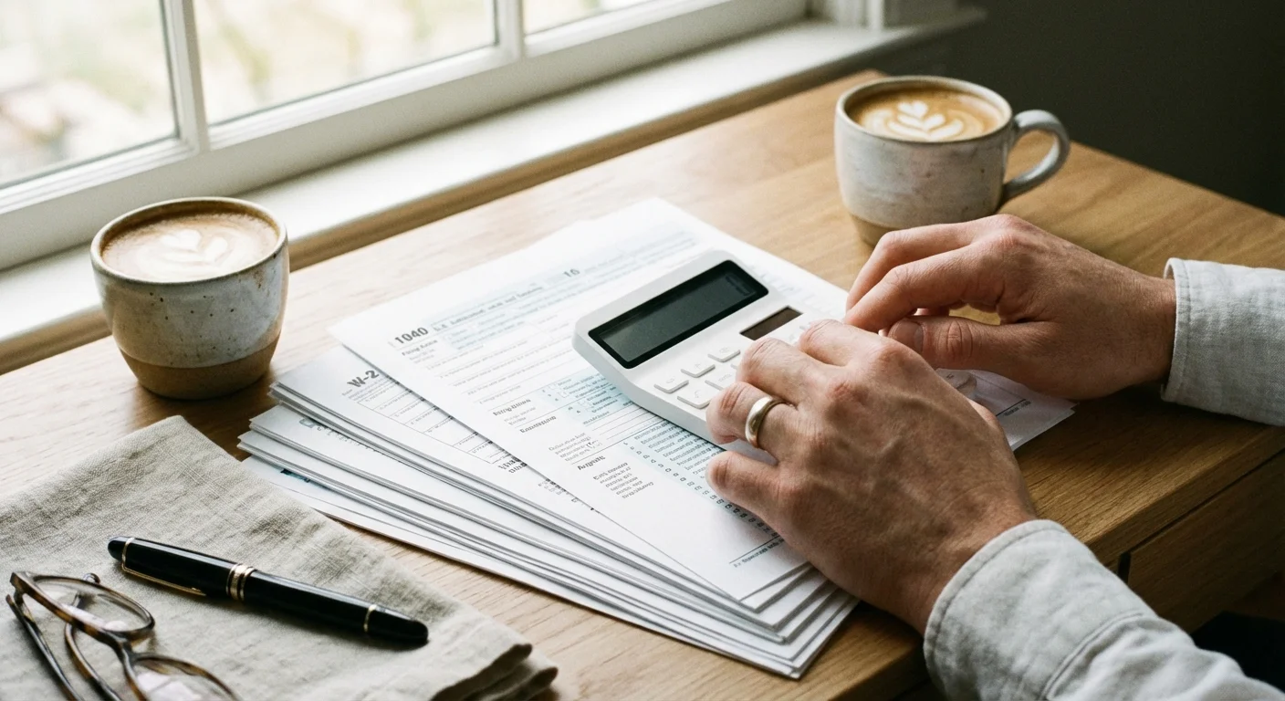 Close-up of hands with a calculator and tax documents on a desk.