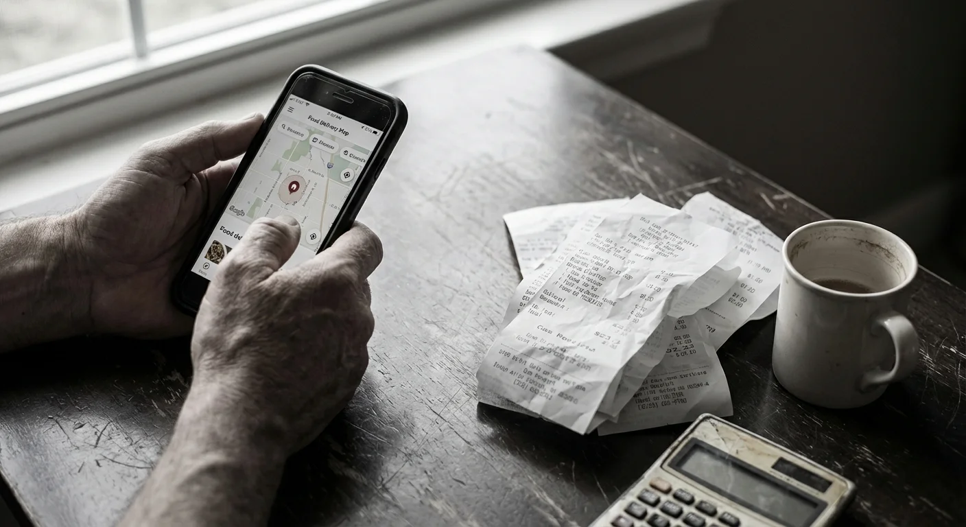 Close-up of hands with a gig economy app and a pile of receipts.