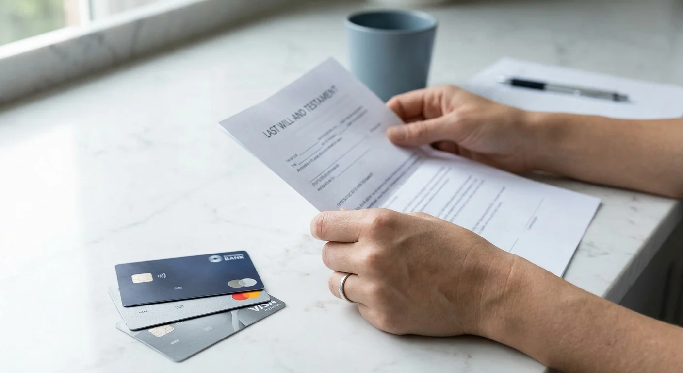Close-up of hands with legal papers and credit cards on a marble desk.