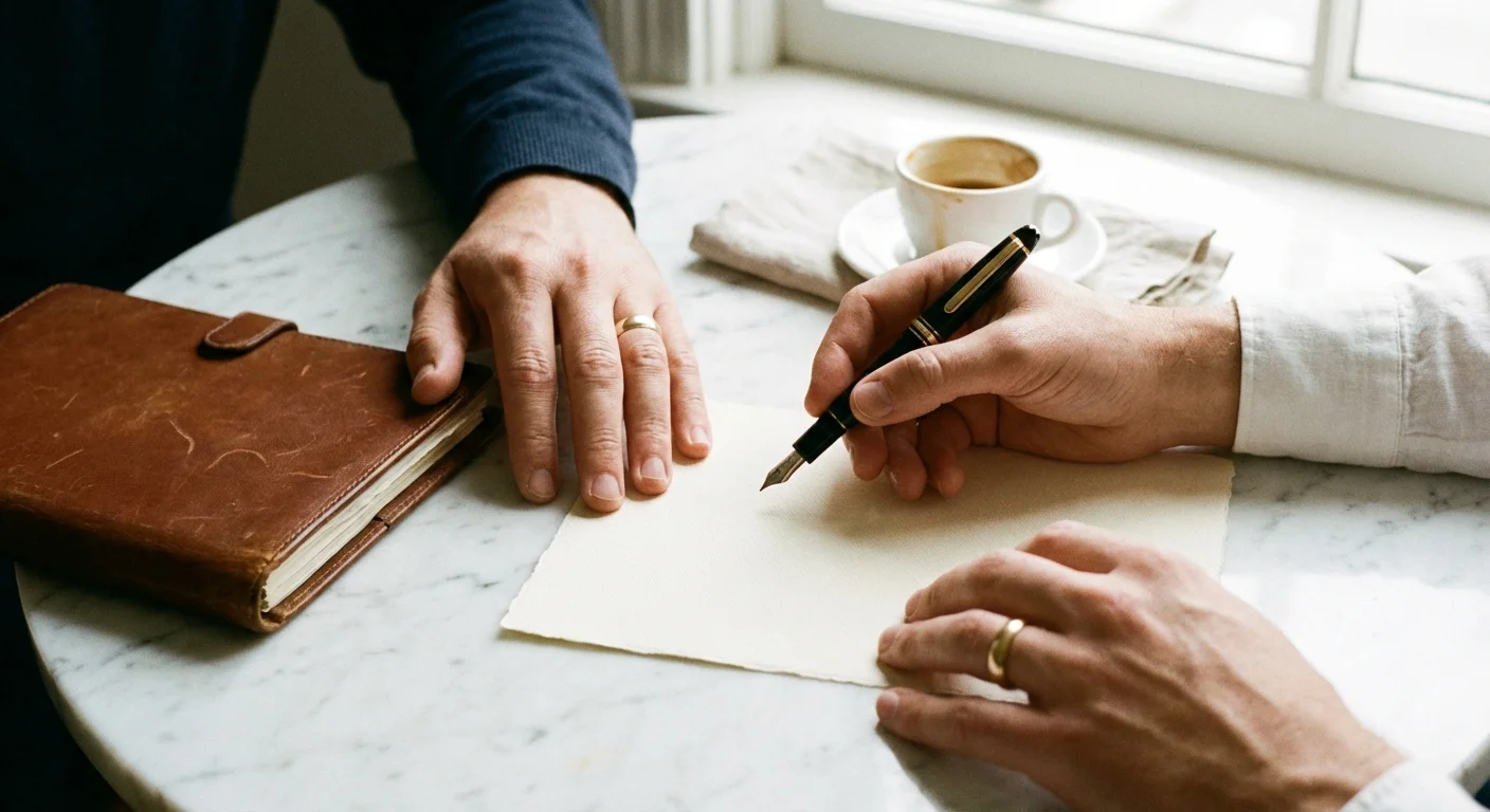 Close-up of hands with wedding rings near a professional document folder on a marble table.