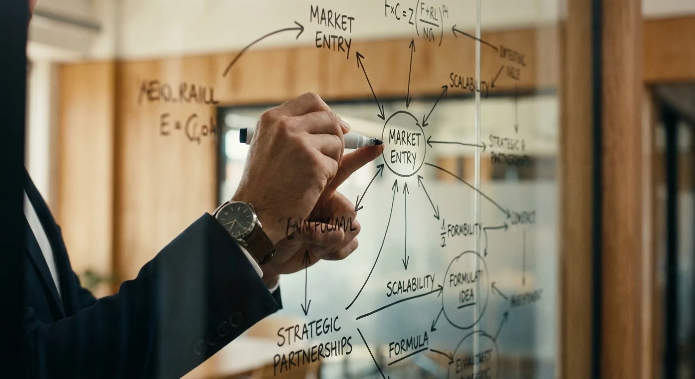 Close-up of hands writing a strategic plan on a glass whiteboard.